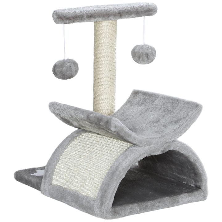 PawHut 17" Small Cat Tree with Scratching Post, Cat Tower with Rotatable Top Pole, Platform, 2 Dangling Balls, Light Grey