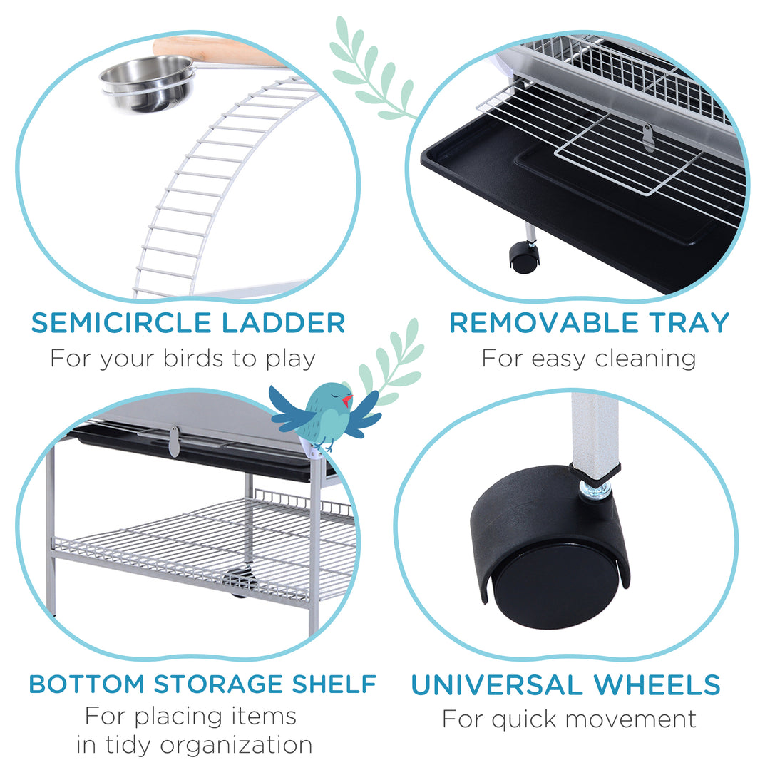 PawHut 63" Large Bird Parrot Cage Stand Finch Feeder Play Top House Perch Bowl Wheels, Silver