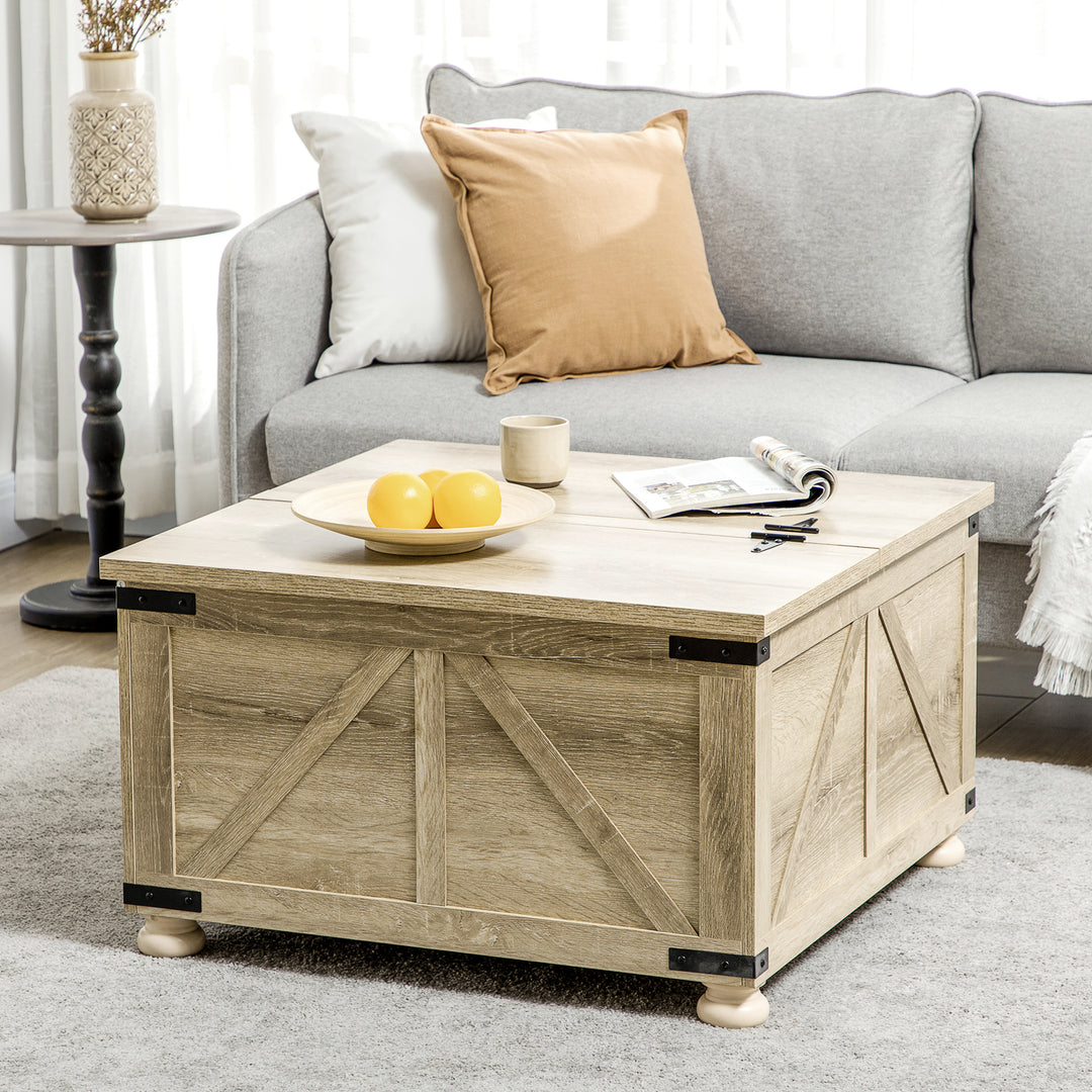 HOMCOM Farmhouse Coffee Table, Square Center Table with Flip-top Lids, Hidden Storage Compartment and Wooden Legs, Oak