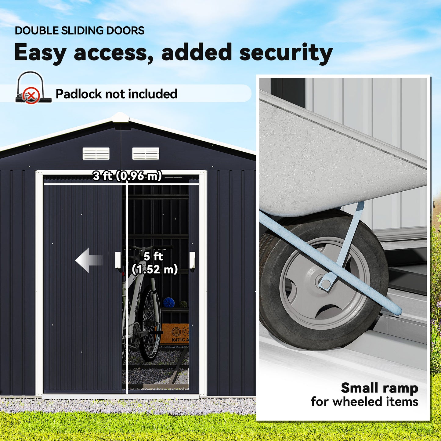 Outsunny 9.1'x6.4'x6.3' Garden Storage Shed w/ Floor Foundation Metal Tool Storage House w/ Double Doors Dark Grey Yellow