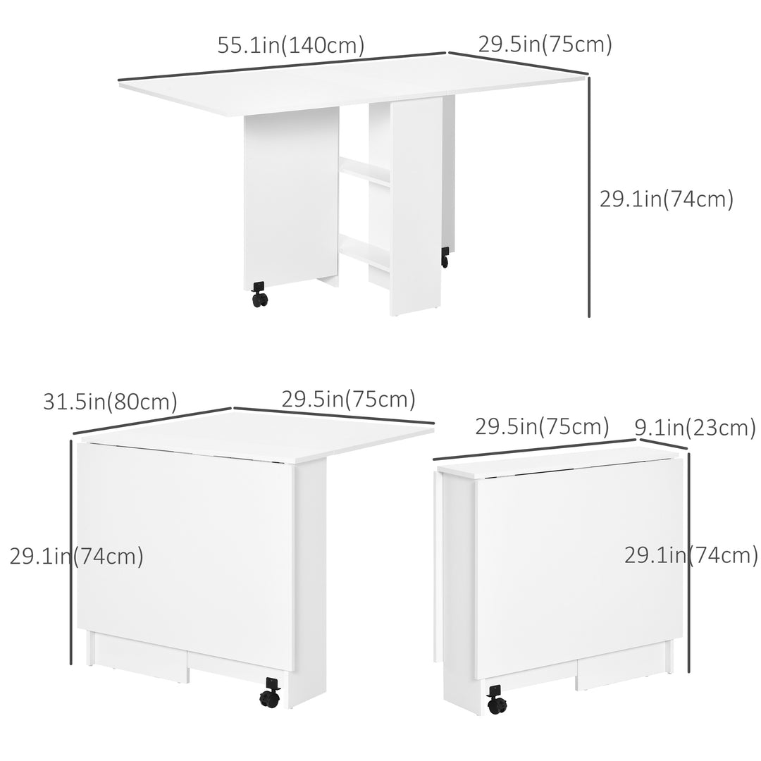 HOMCOM Extendable Dining Table, Collapsible Folding Table w/ 2-tier Shelves and Rolling Casters, White
