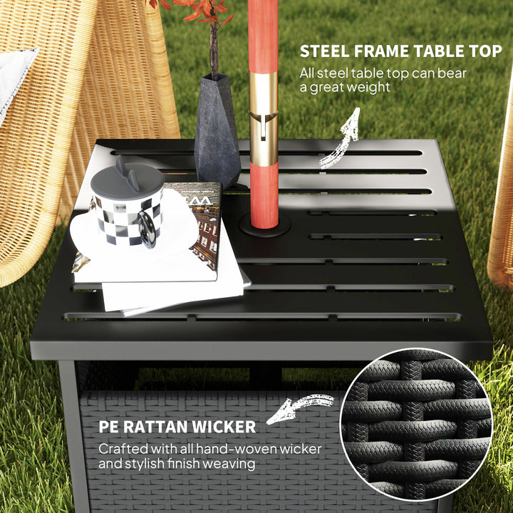 Outsunny 21.75" Outdoor Rattan Wicker Patio Coffee Table with Umbrella Hole, Patio Side Table with Slatted Metal Top, Brown