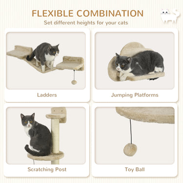 PawHut 3 PCs Cat Wall Climber with Scratching Post, Ladder, Perches, Cloud-Shaped Cat Shelves, Beige