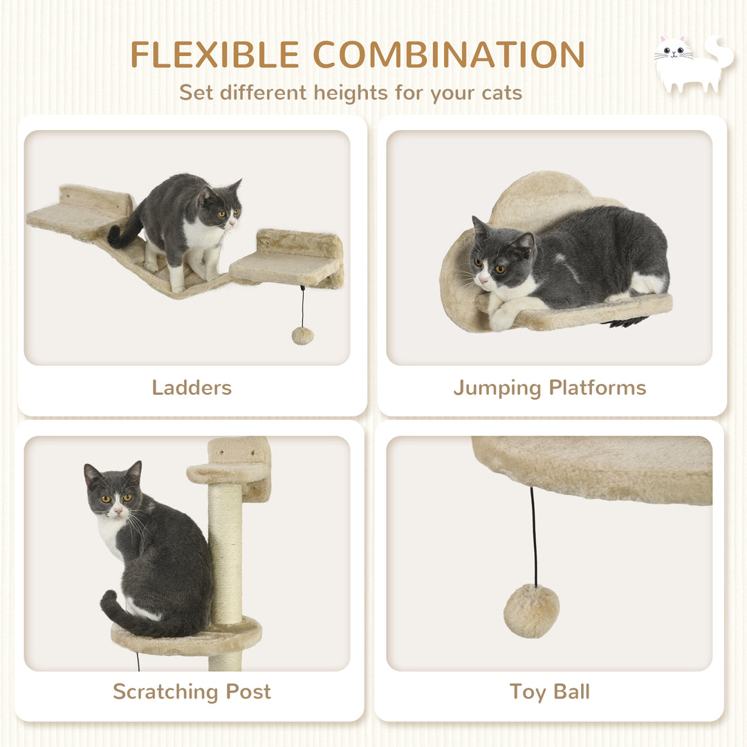 PawHut 3 PCs Cat Wall Climber with Scratching Post, Ladder, Perches, Cloud-Shaped Cat Shelves, Beige