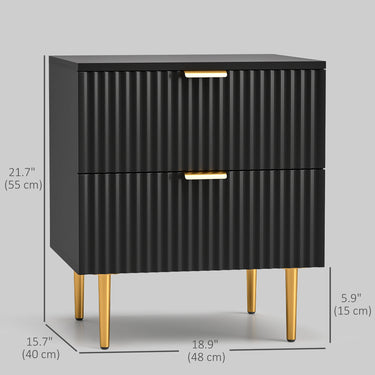 HOMCOM Bedside Table, Modern Nightstand with 2 Drawers, Side End Table with Metal Legs for Living Room, Bedroom, Black