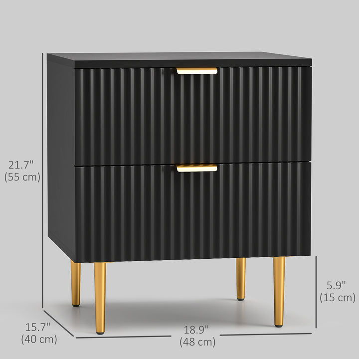 HOMCOM Bedside Table, Modern Nightstand with 2 Drawers, Side End Table with Metal Legs for Living Room, Bedroom, Black