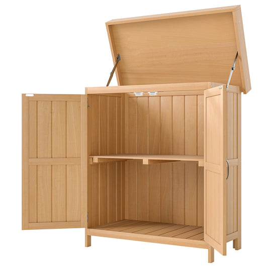 Outsunny Wooden Garden Tool Storage Shed Kit with Hinged Roof, 2-Tier Shelves and Double Doors, 74x43x88cm, Natural Wood