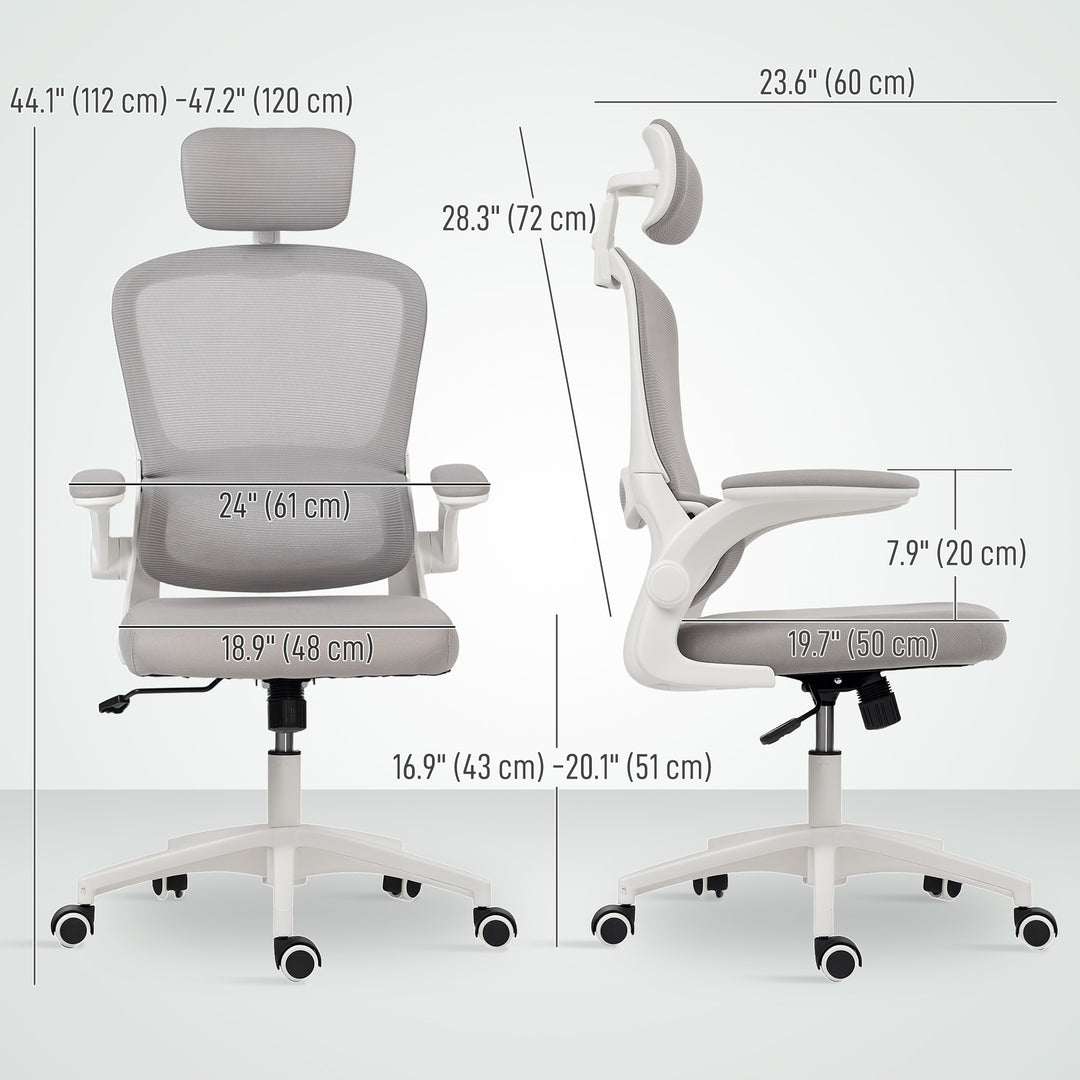HOMCOM Ergonomic Mesh Office Chair, High Back Desk Chair with Rotatable Headrest, Flip-Up Armrests, Lumbar Support, Grey