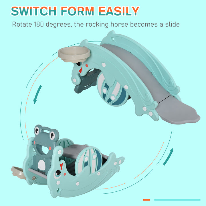 Qaba 3-in-1 Kids Slide And Rocking Horse Dual-Use Children Activity Equipment Portable Slide Indoor Outdoor Playground Toy W/ Basketball Hoop Toddler Birthday Gift, Age 1.5-3, Green