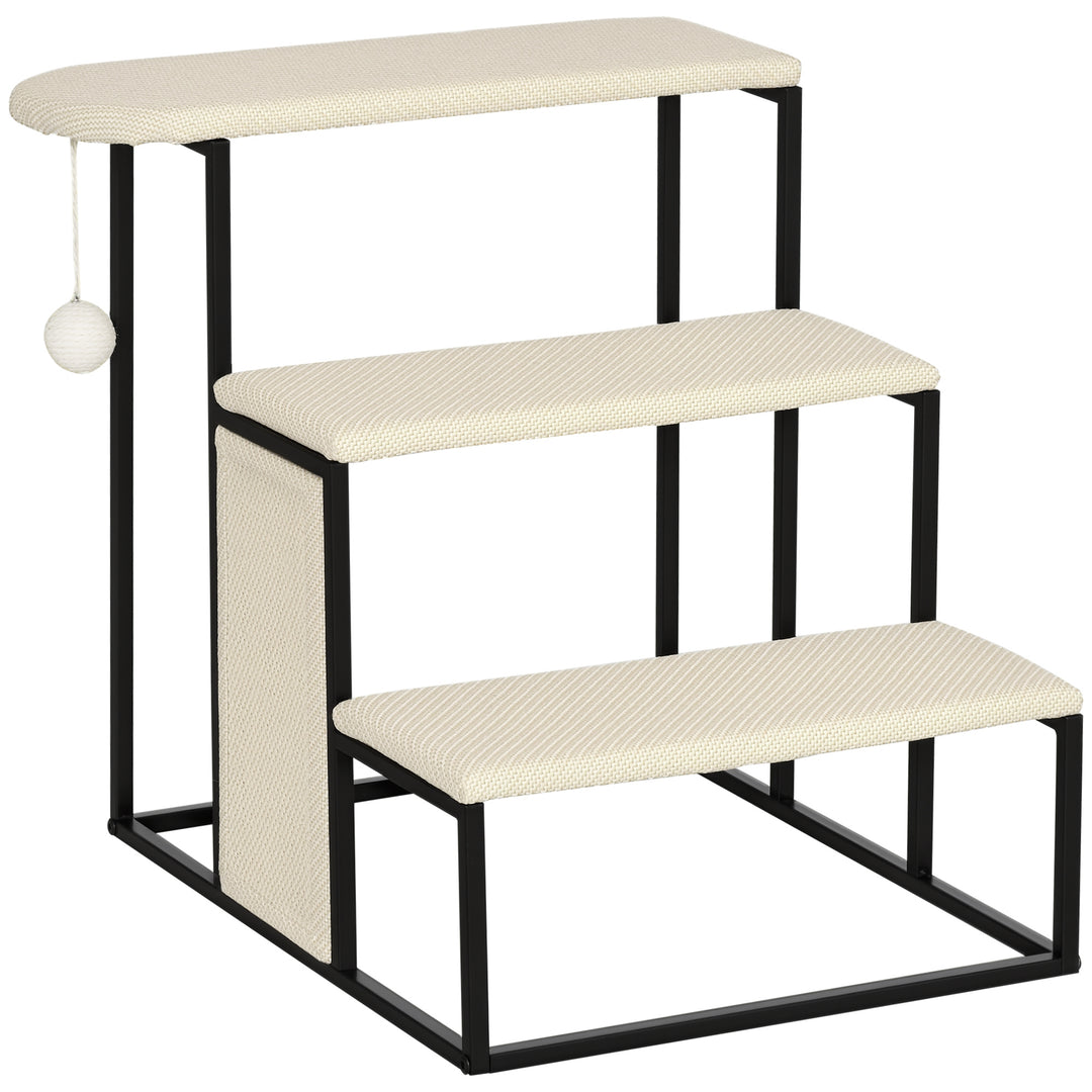 PawHut 20" 3 Steps Cat Stairs, Carpeted Ladder Ramp, Pet Steps with Scratching Board and Hanging Ball for Small Cats, Steel Frame, Cream White