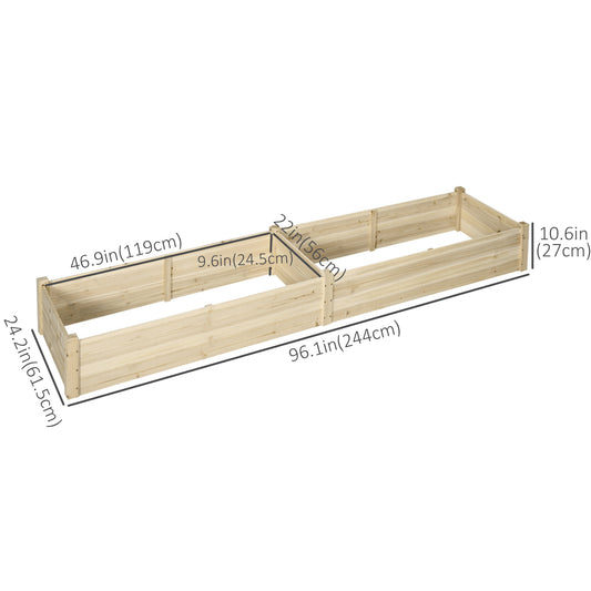 Outsunny 96" x 24" x 10" Wooden Raised Garden Bed with 2 Planter Box and Non-woven Fabric Liner for Backyard, Patio to Grow Vegetables, Herbs, and Flowers, Natural
