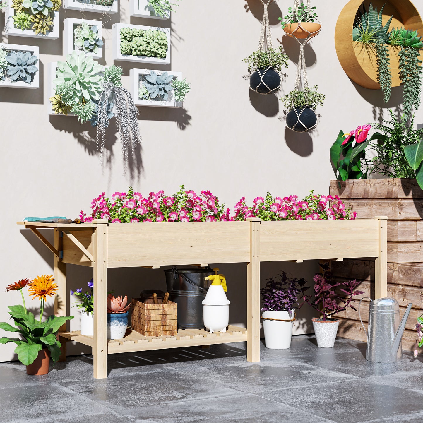 Outsunny Raised Garden Bed, Wood Planter Box with Side Table, Bottom Shelf, Bed Liners and Drainage Holes, Natural