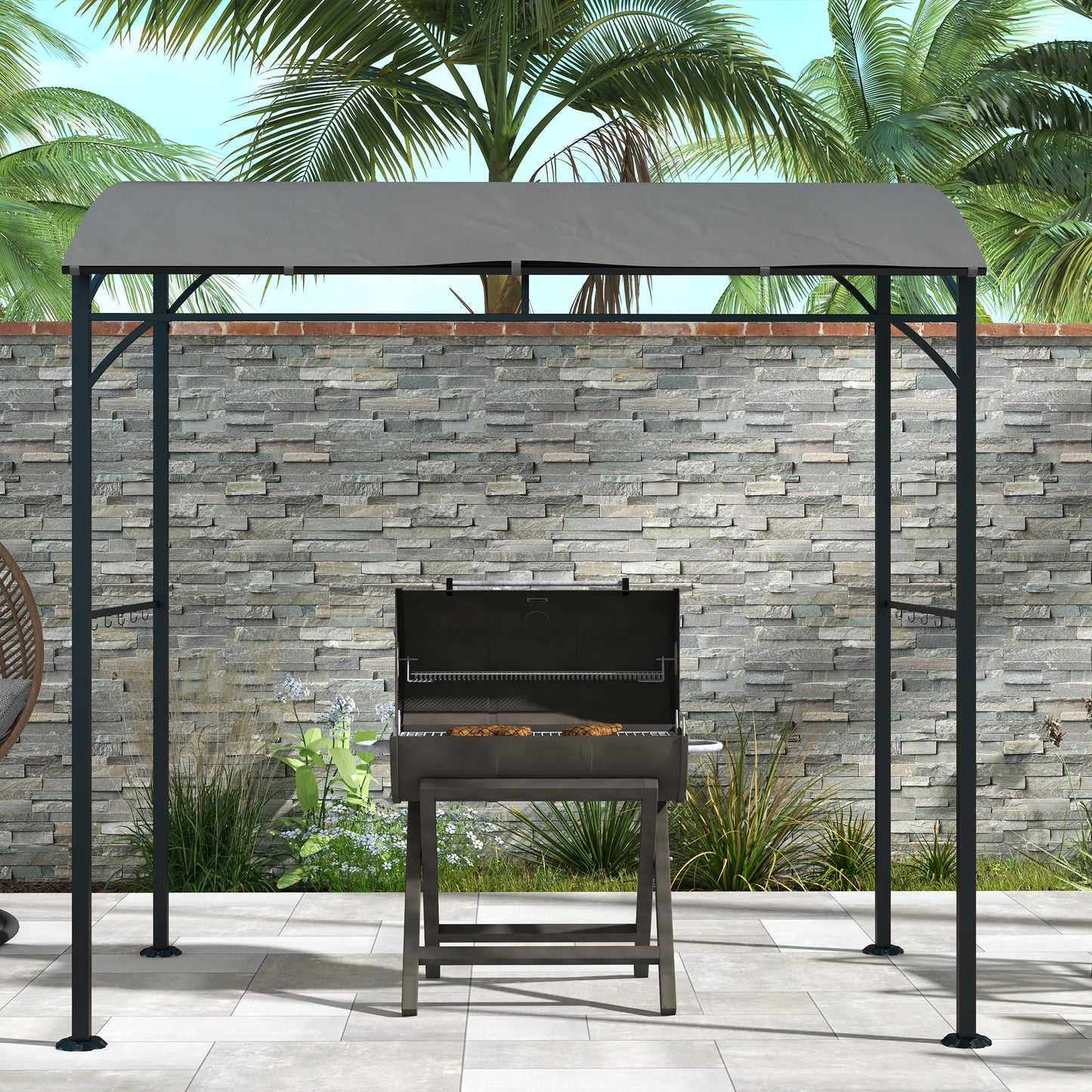 Outsunny 7' x 5' BBQ Grill Gazebo Tent, Garden Grill Canopy with Steel Frame and Hooks, Outdoor Sun Shade, Beige