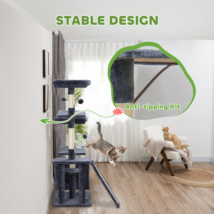 PawHut 53" Cat Tree, Cat Tower with Scratching Posts, Cat Condo, Beds, Platforms, Toy Balls for Indoor Cats, Dark Grey