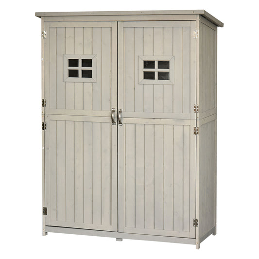 Outsunny 4x1.5ft Wooden Garden Storage Shed, Outdoor Tool Cabinet Organizer with Windows and Double Door, Grey