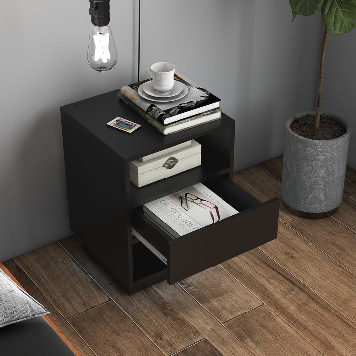 HOMCOM LED Nightstand, Bedside Table with LED Lights, Drawer, 2 Shelves, Remote, Side Table for Living Room, Bedroom