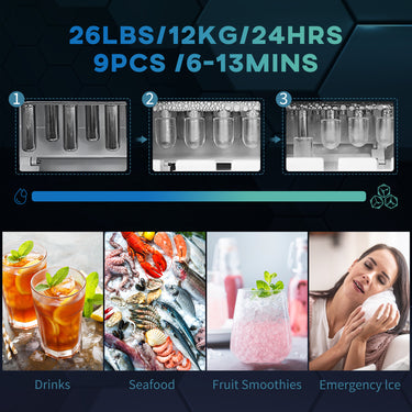 HOMCOM Portable Ice Maker, Self Cleaning Ice Machine with 9 Ice Cubes Ready in 6 Mins, 26lbs/24Hrs, 2 Sizes of Bullet Ice