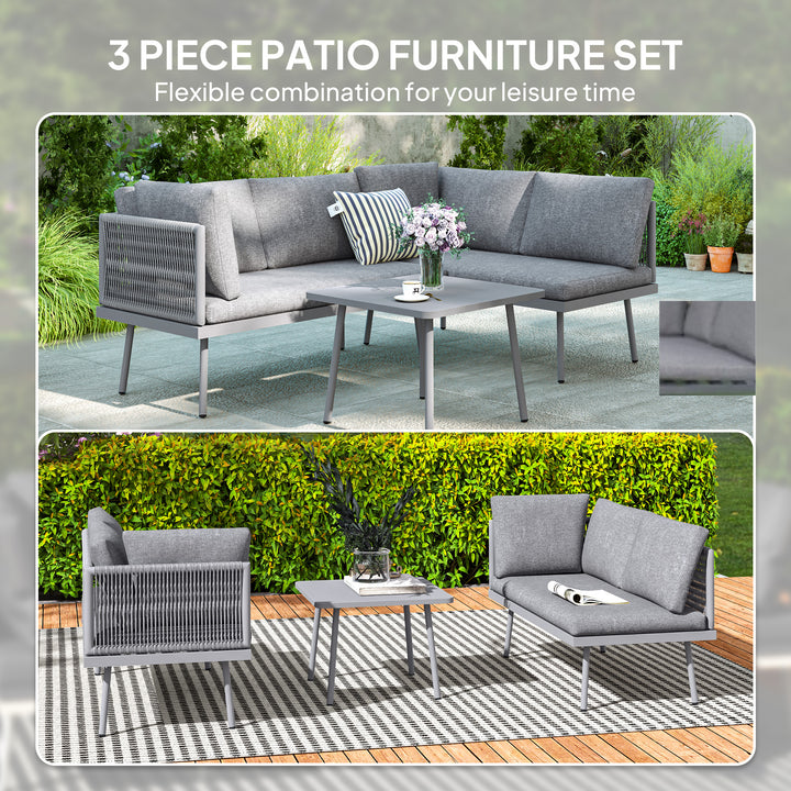 Outsunny 3 Pieces Outdoor Furniture Set, L Shaped Wicker Patio Furniture Conversation Set with Cushions, Steel Table, Grey