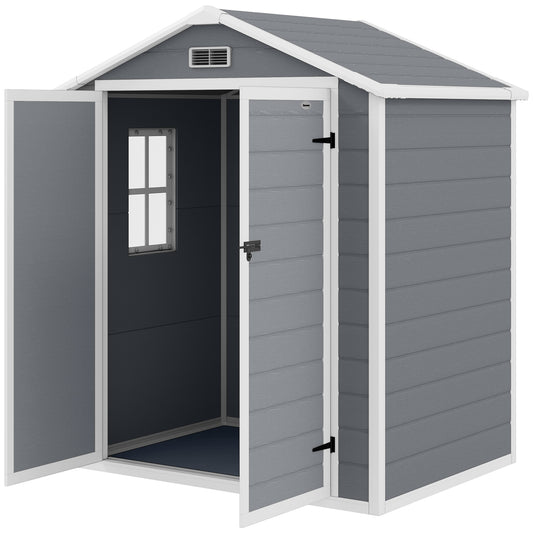 Outsunny 6x4.5ft Plastic Garden Shed, Lockable Garden Tool Storage House with Double Doors and Vent for Equipment, Gray