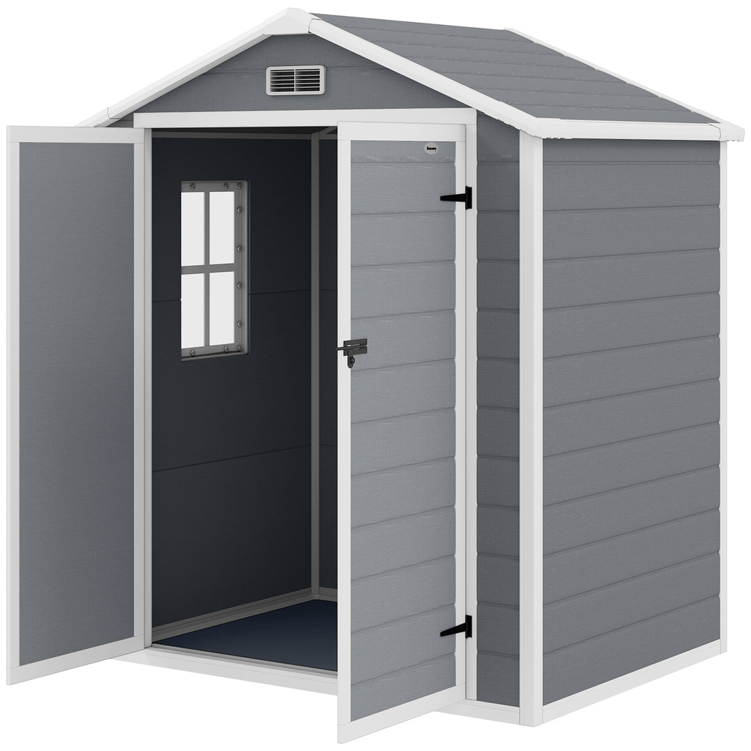 Outsunny 6x4.5FT Plastic Shed, Lockable Garden Tool Storage House with Double Doors and Vent, Grey