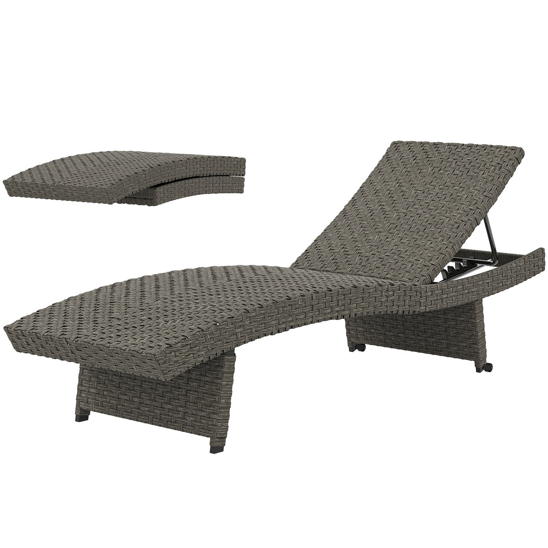 Outsunny Rattan Folding Outdoor Lounger Chair Recliner with 5-Level Adjustable Backrest, Wheels for Garden, Patio, Mixed Grey