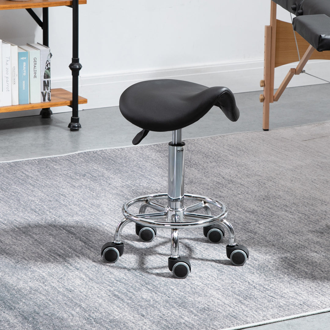 HOMCOM Saddle Stool, PU Leather Adjustable Rolling Salon Chair for Massage, Spa, Clinic, Beauty and Tattoo, Black