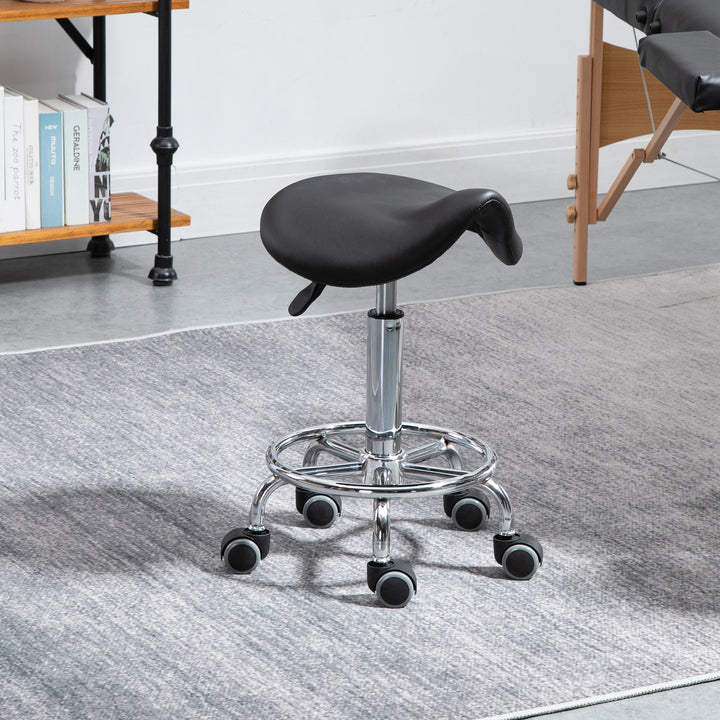 HOMCOM Saddle Stool, PU Leather Adjustable Rolling Salon Chair for Massage, Spa, Clinic, Beauty and Tattoo, Black