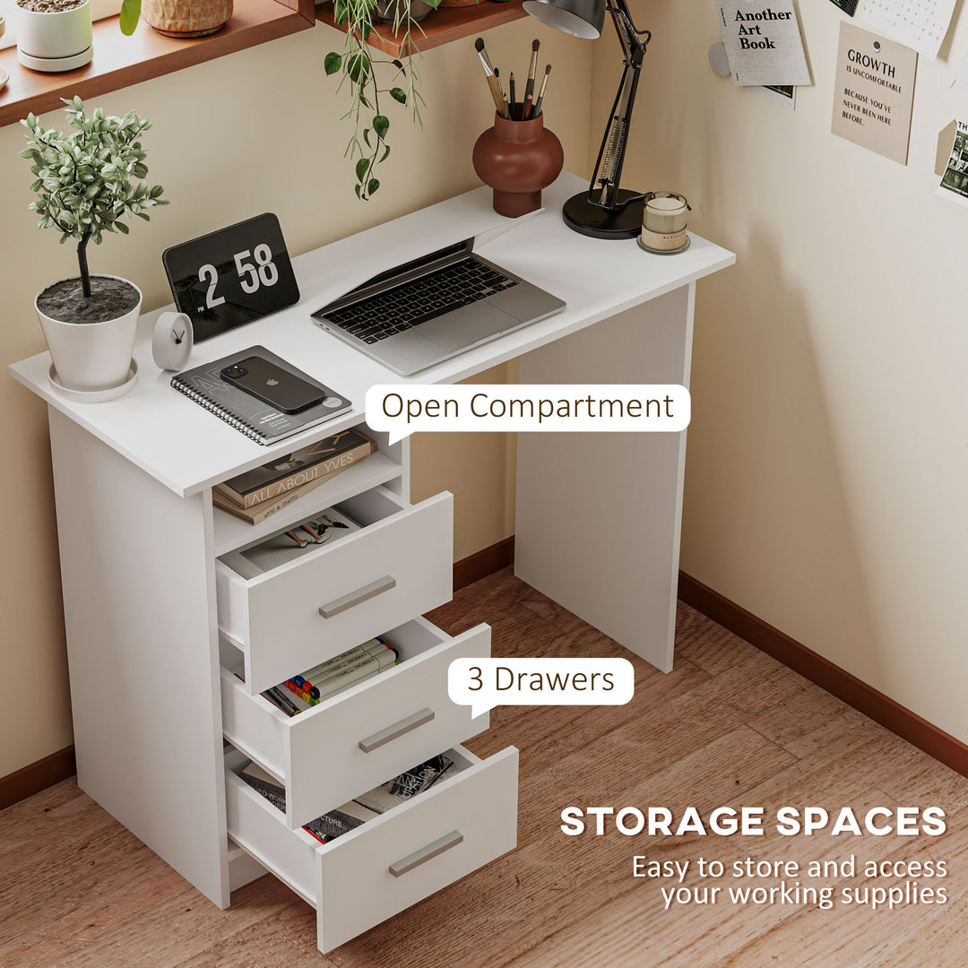 HOMCOM Computer Desk with Storage, 39" Home Office Desk with 3 Drawers nad Open Shelf, Writing Table for Bedroom, White