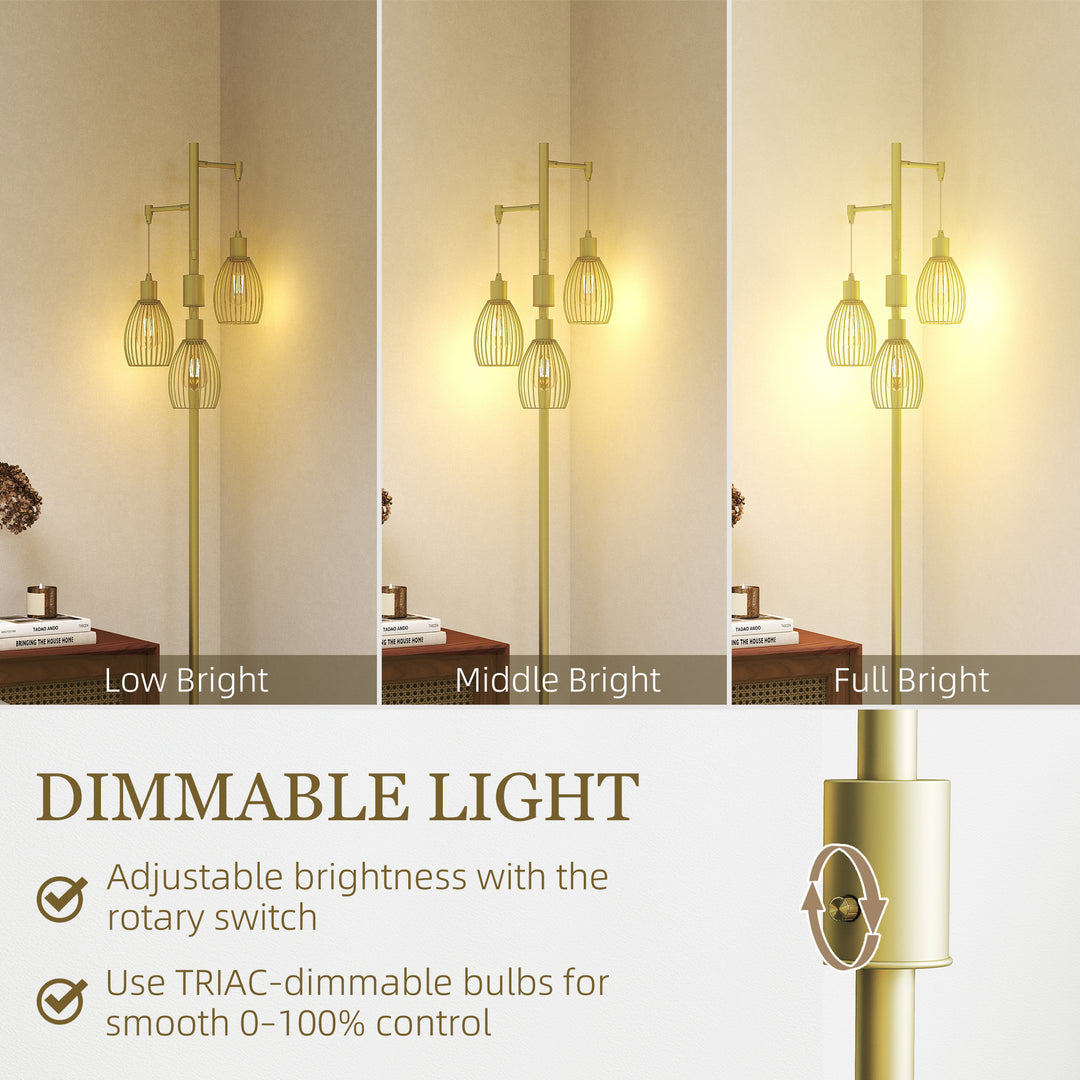 HOMCOM Industrial Floor Lamp with 3 Hanging Wire Lampshades, Dimmable Standing Lamp for Living Room, Bedroom, Dining Room, Study, Black