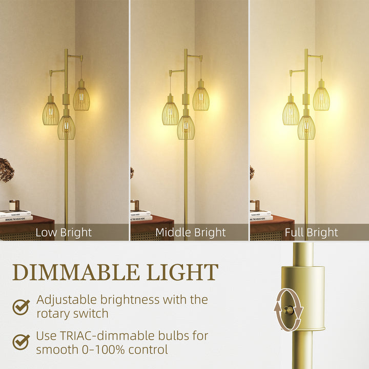 HOMCOM Industrial Floor Lamp with 3 Hanging Wire Lampshades, Dimmable Standing Lamp for Living Room, Bedroom, Dining Room, Study, Black