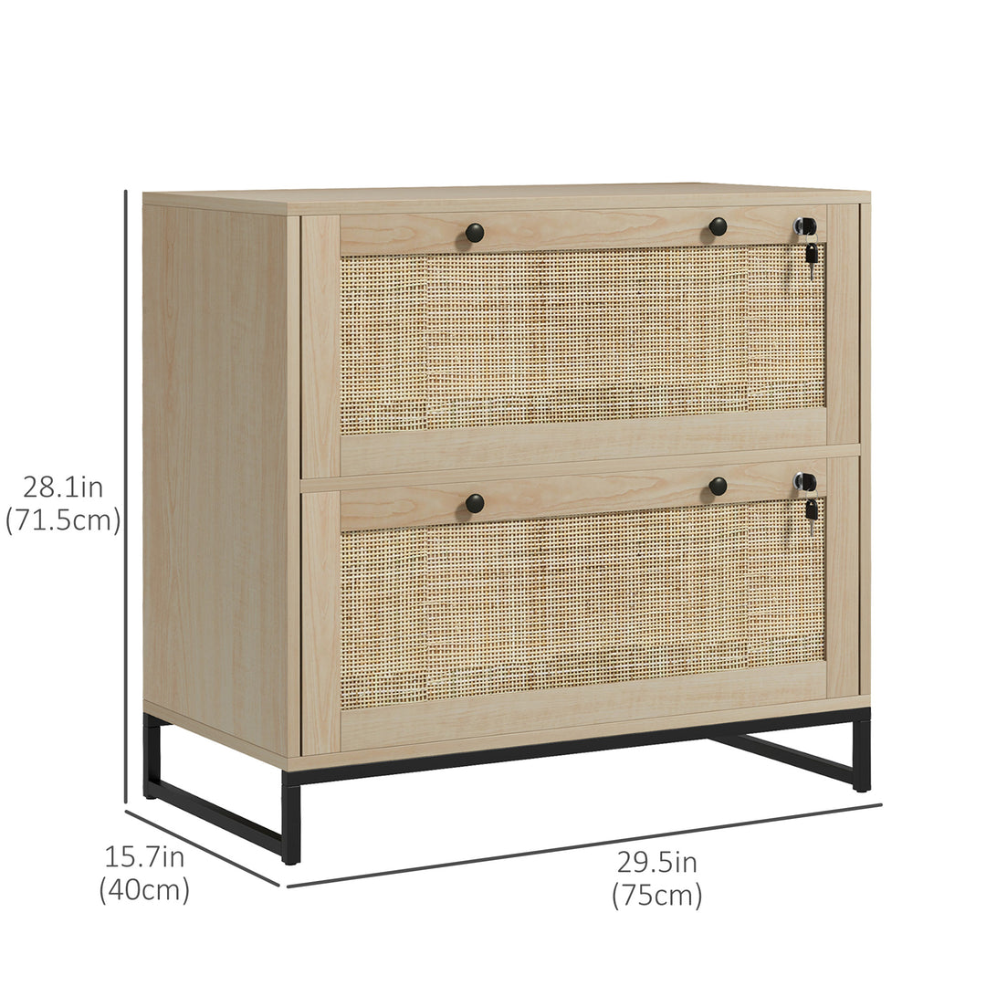 Vinsetto 2-Drawer Filing Cabinet with Lock, Rattan File Cabinet with Adjustable Hanging Bar, Natural