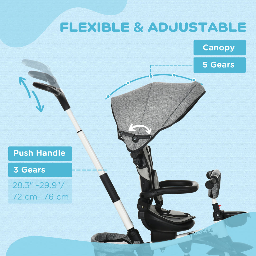 Aosom 6-in-1 Toddler Tricycle for 12-50 Months, Foldable Kids Trike with Adjustable Seat and Push Handle, Safety Harness, Removable Canopy, Footrest, Grey