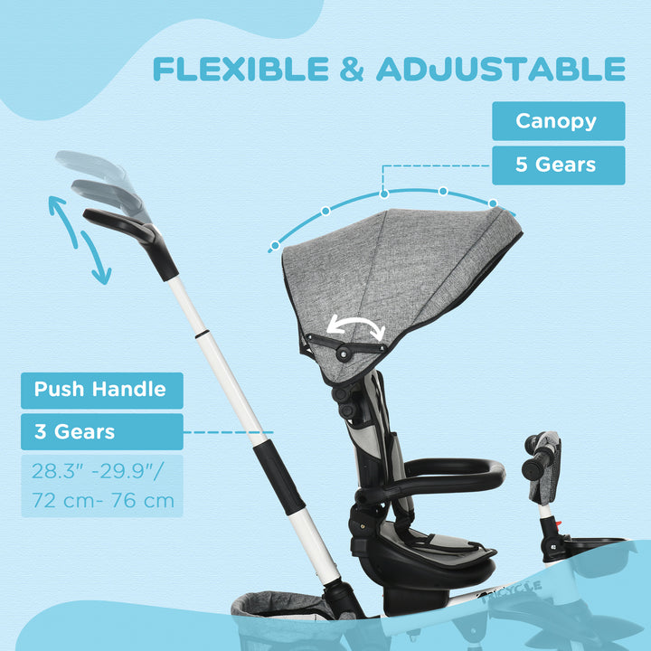 Aosom 6-in-1 Toddler Tricycle for 12-50 Months, Foldable Kids Trike with Adjustable Seat and Push Handle, Safety Harness, Removable Canopy, Footrest, Grey