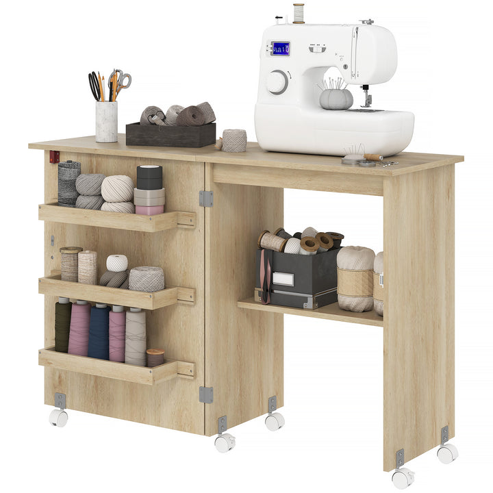 HOMCOM Sewing Machine Cabinet, Folding Sewing Table with Storage Shelf, Bins and Lockable Wheels for Small Space, White