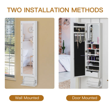 HOMCOM Mirror Jewellery Cabinet Armoire, Jewellery Organizer with 18 LED Lights, Wall-Mounted and Over-The-Door Cabinet with 3 Mountable Heights, Drawer and Open Shelf, White