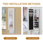 HOMCOM Mirror Jewelry Cabinet Armoire, Jewelry Organizer with 18 LED Lights, Wall-Mounted and Over-The-Door Cabinet with 3 Mountable Heights, Drawer and Open Shelf, White