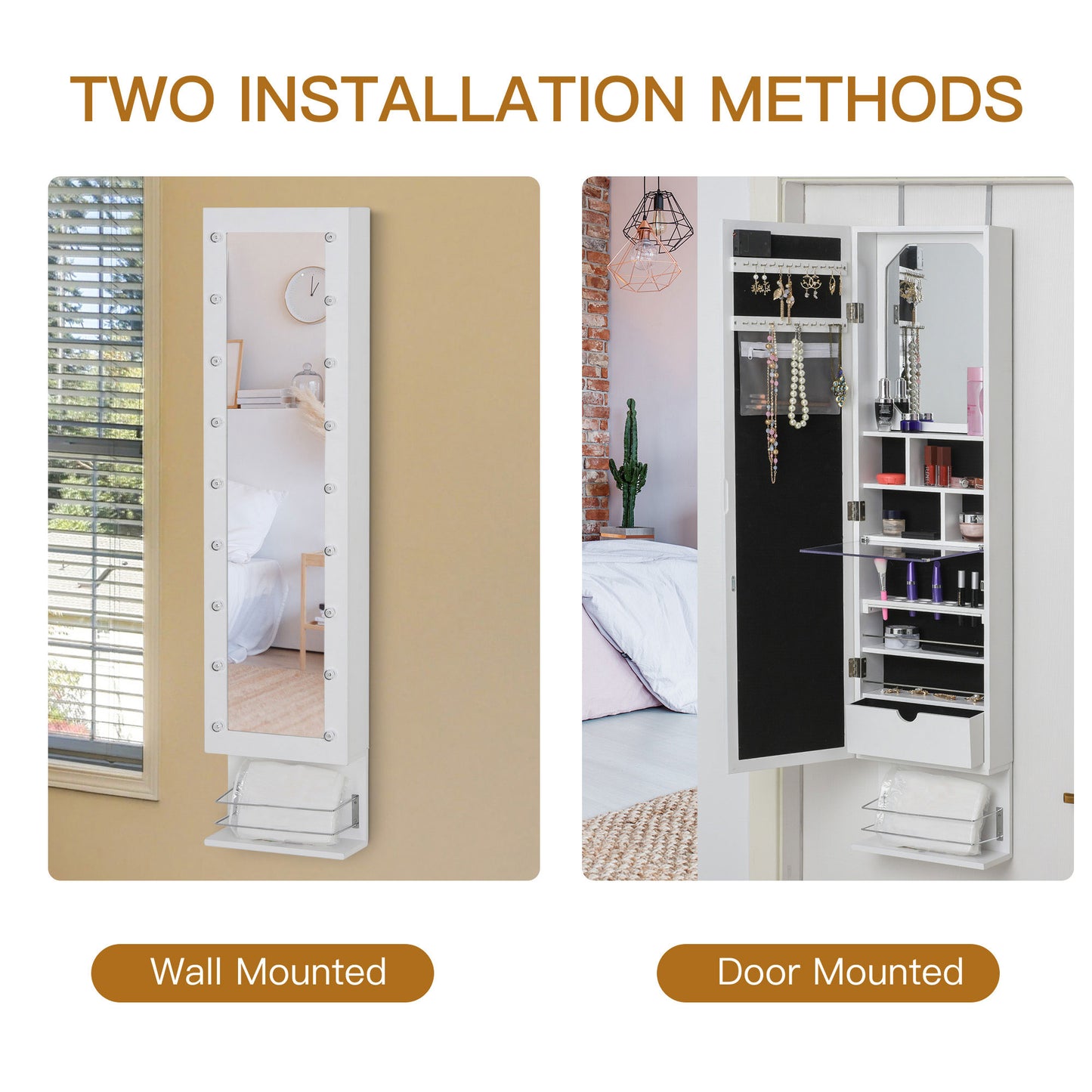 HOMCOM Mirror Jewelry Cabinet Armoire, Jewelry Organizer with 18 LED Lights, Wall-Mounted and Over-The-Door Cabinet with 3 Mountable Heights, Drawer and Open Shelf, White