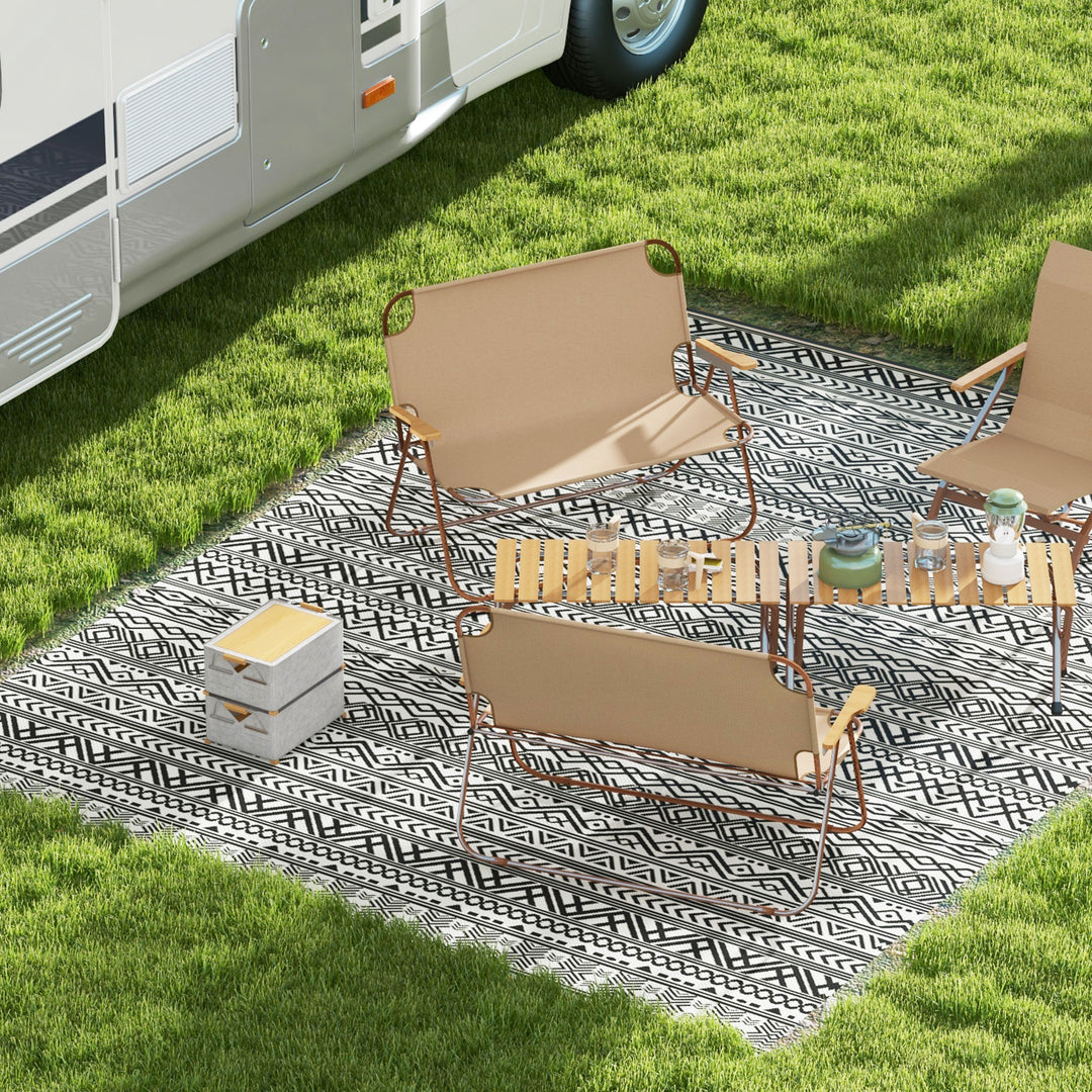 Outsunny Reversible Outdoor Rug Waterproof Plastic Straw RV Rug with Carry Bag, 9' x 12', Grey and Cream White Boho