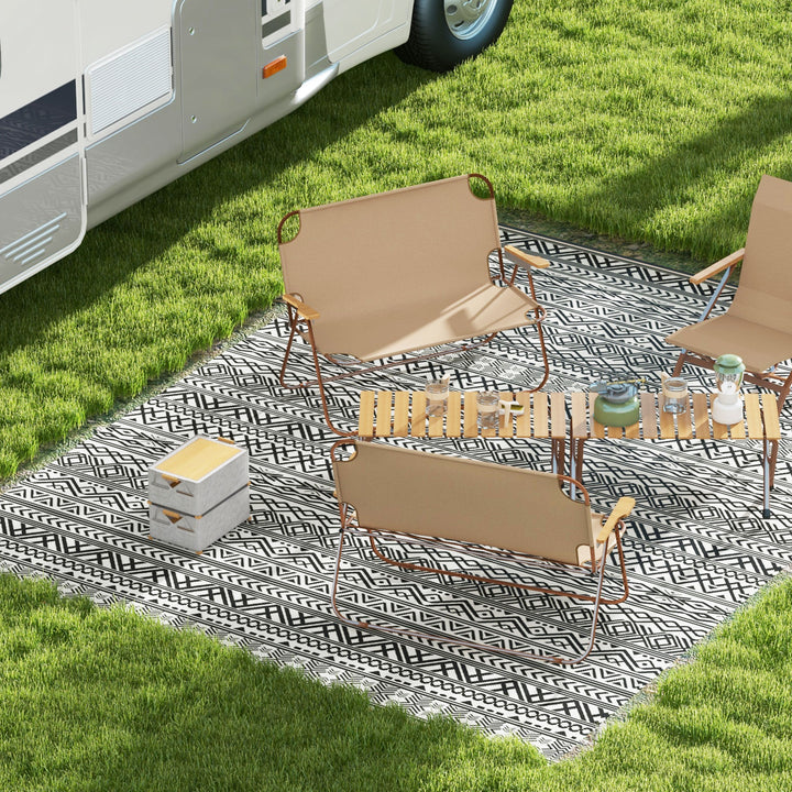 Outsunny Reversible Outdoor Rug Waterproof Plastic Straw RV Rug with Carry Bag, 9' x 12', Grey and Cream White Boho
