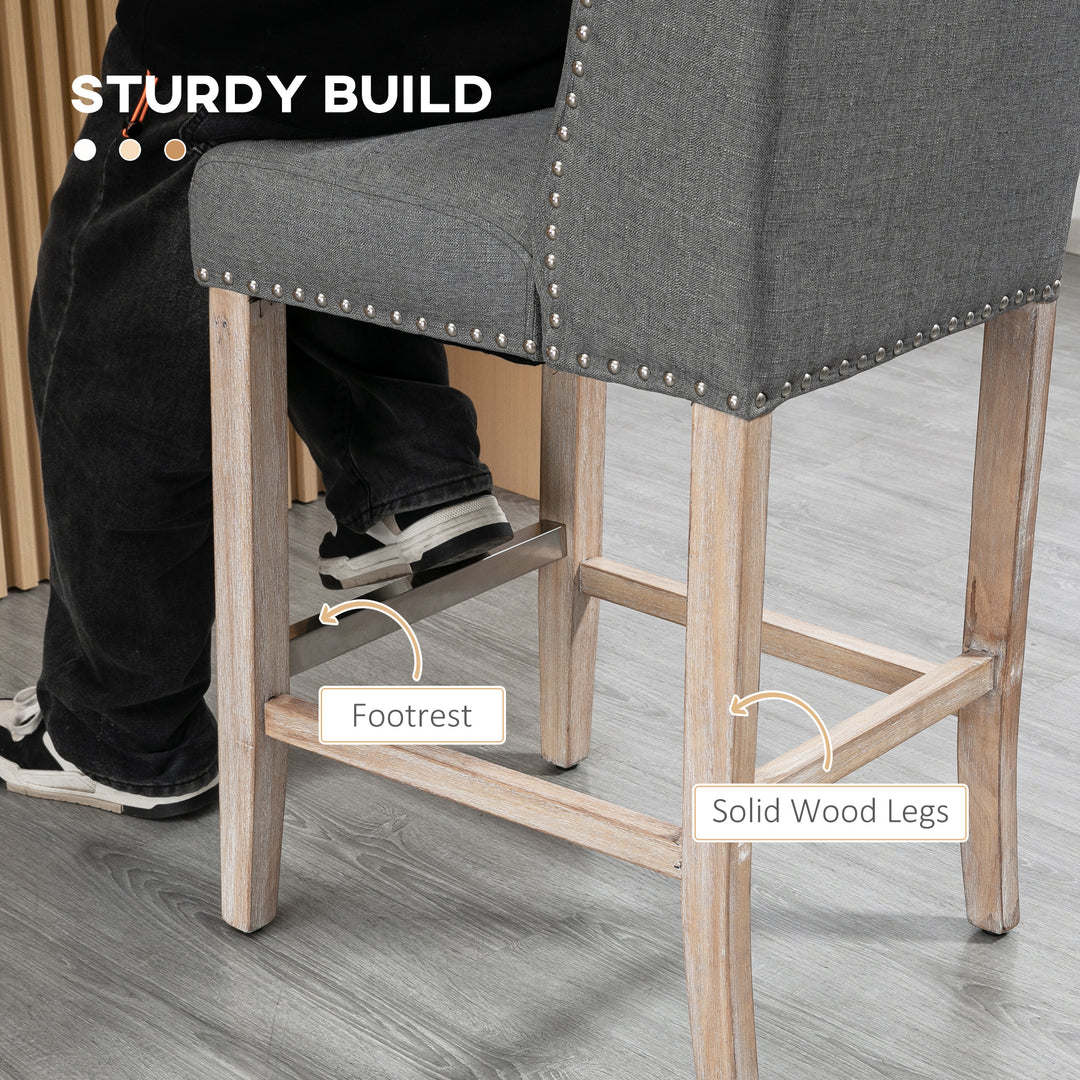 HOMCOM Counter Height Bar Stools Set of 2, Upholstered Bar Chairs with Nailhead Backrest and Footrest, Charcoal Grey