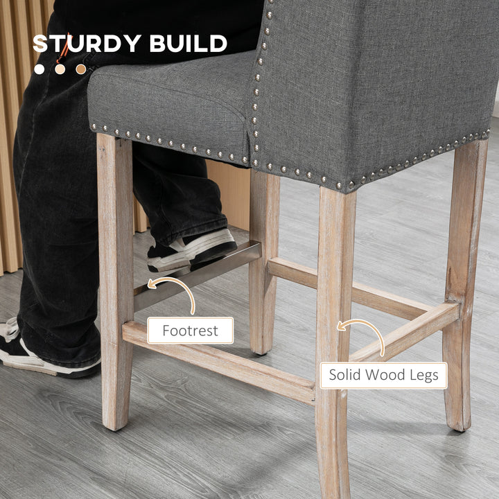 HOMCOM Counter Height Bar Stools Set of 2, Upholstered Bar Chairs with Nailhead Backrest and Footrest, Charcoal Grey