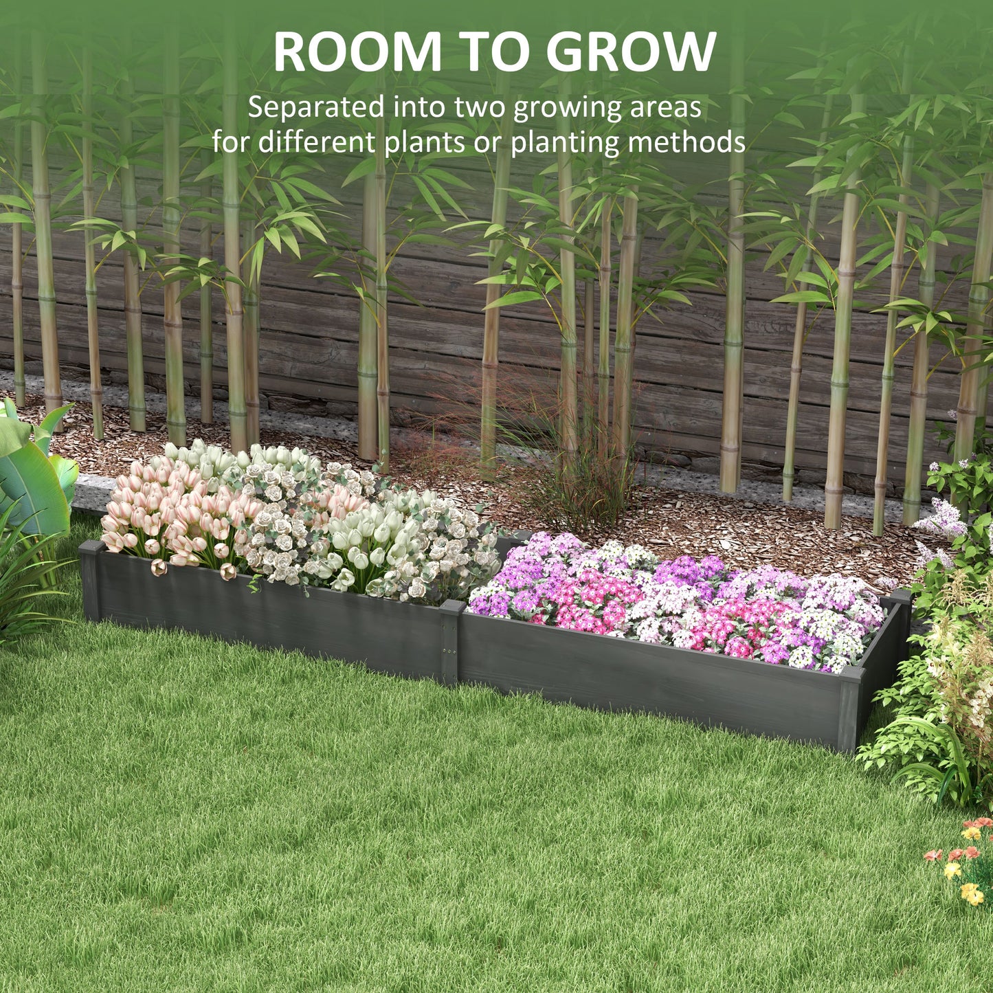 Outsunny 96" x 24" x 10" Wooden Raised Garden Bed with 2 Planter Box and Non-woven Fabric Liner for Backyard, Patio to Grow Vegetables, Herbs, and Flowers, Natural