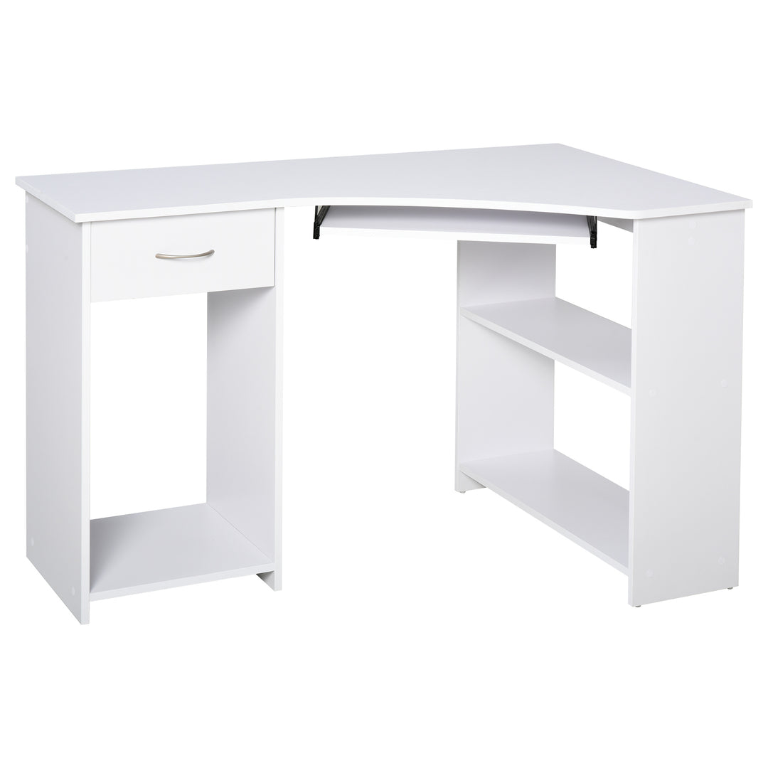 HOMCOM 47" L-Shaped Desk with Keyboard Tray, Computer Corner Desk for Small Space with Shelves, Drawer, CPU Stand, Home Office Writing Table, White