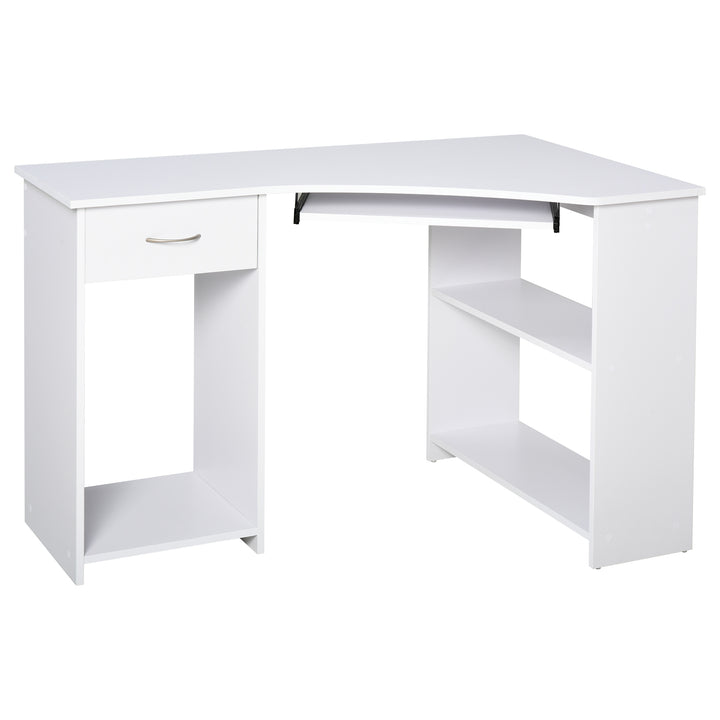 HOMCOM 47" L-Shaped Desk with Keyboard Tray, Computer Corner Desk for Small Space with Shelves, Drawer, CPU Stand, Home Office Writing Table, White