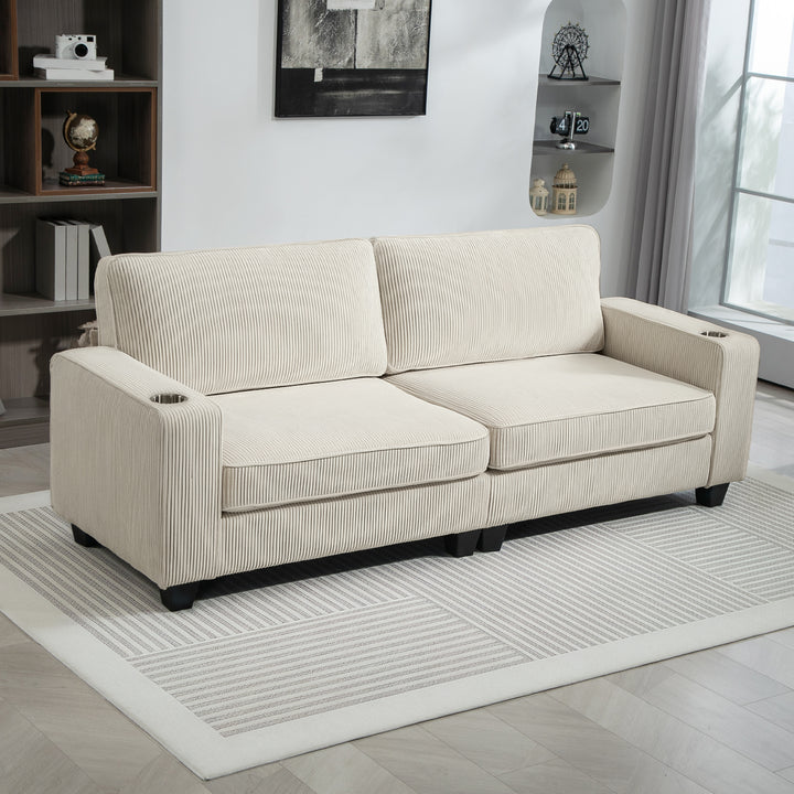HOMCOM Three Seater Sofa, Fabric 3 Seater Couch with Spring Cushion and Cup Holders for Living Room, Bedroom, Cream White