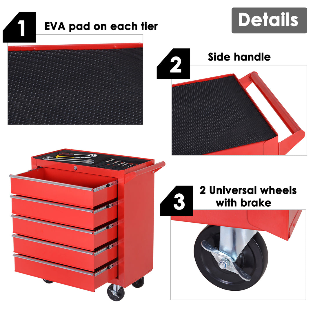 HOMCOM 5 Drawer Roller Tool Chest, Mobile Lockable Toolbox, Storage Organizer with Handle for Workshop Mechanics Garage, Red