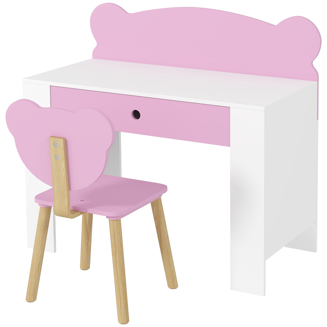 Qaba Kids Desk and Chair Set with Drawer for Drawing, Reading, Bear Theme Children Furniture for Bedroom, Daycare, Pink