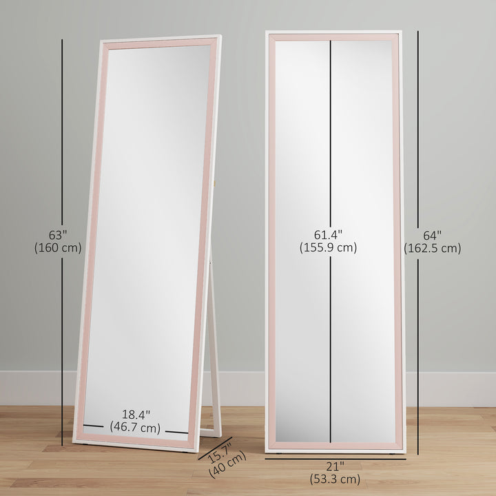 HOMCOM 64" x 21" Full Length Mirror, Rectangular Full Body Mirror with Frame, Standing, Hanging or Leaning, White and Pink