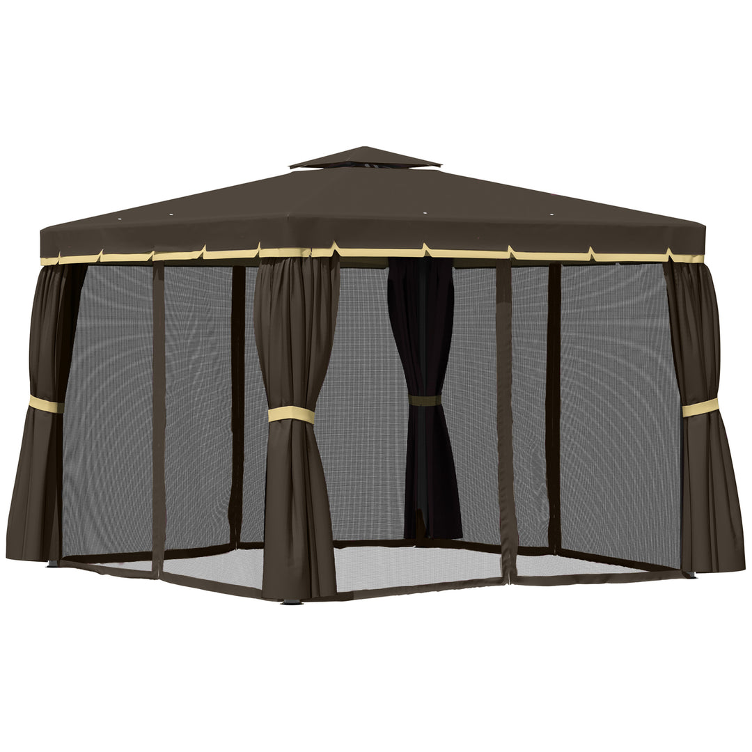 Outsunny 10' x 10' 2-Tier Outdoor Gazebo Canopy Tent with Zippered Mesh Sidewalls, Aluminum Frame for Patio, Backyard, Beige