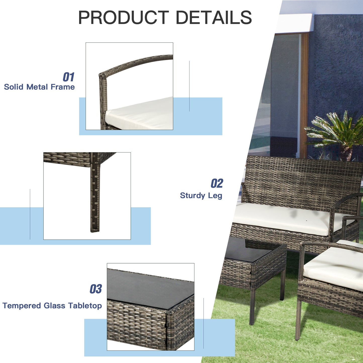 Outsunny 4 Pieces Patio Furniture Sets with A Loveseat, Two Armchairs and A Coffee Table, Outdoor Conversation Set with Glass Top Table, Grey PE Rattan and Cream White Cushions